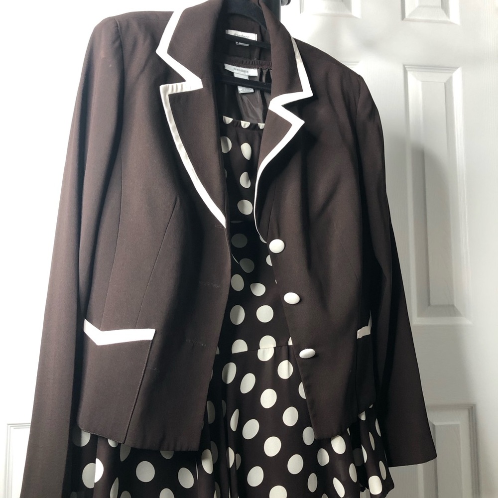 Dress Barn Brown and White Polka Dot Women's Jacket and Skirt Set, Size 12 - Picture 3 of 16